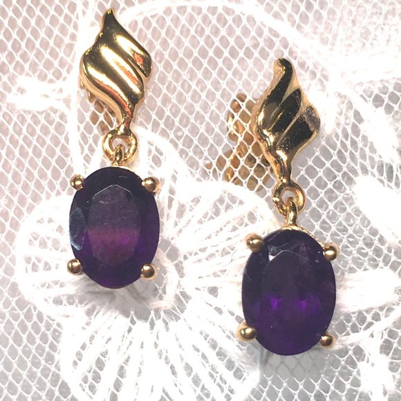 Natural Amethyst Gold Plated Earrings Post Dangles - Picture 1 of 15